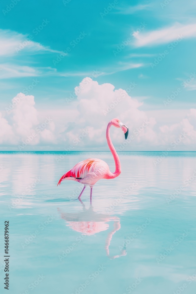 Fototapeta premium Pink Flamingo Standing in Shallow Turquoise Water with Reflection Under Blue Sky and White Clouds Tropical Bird in Paradise