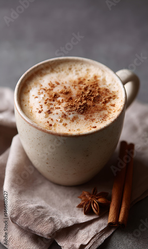Creamy spiced chai tea latte with cinnamon dust