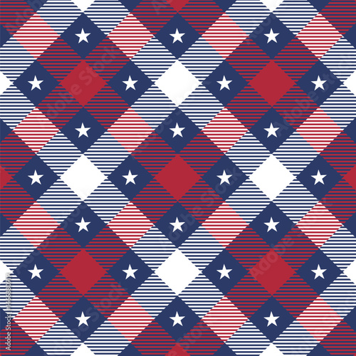 Patriotic Plaid Seamless Pattern. Checkered Seamless Pattern , Americana Backdrop. Vector Template For Fabric, Textile, Wallpaper, Wrapping Paper