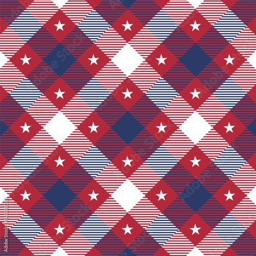 Patriotic Plaid Seamless Pattern. Checkered Seamless Pattern , Americana Backdrop. Vector Template For Fabric, Textile, Wallpaper, Wrapping Paper