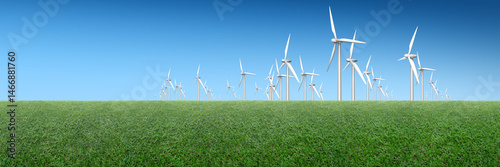 wind turbine on green field/The green hills are dotted with wind turbines, showcasing the beauty of renewable energy and eco-friendly power generated by the wind.
