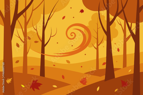 autumn forest with golden leaves swirling in the 