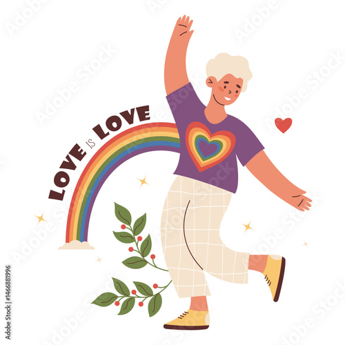 LGBTQ Person Dancing with Rainbow. LGBT community. Festive Lesbian Girl with short haircut symbolizing Pride Month and self-love. Vector Illustration