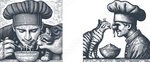 Engraved Design Set Chef with Tomato Sauce on Nose & Cat Licking Bowl – Playful Kitchen Scene
