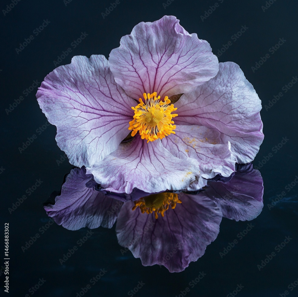 image of cistus creticus purple flower, and its reflection, minimal, atmospheric and creative fine art photography
