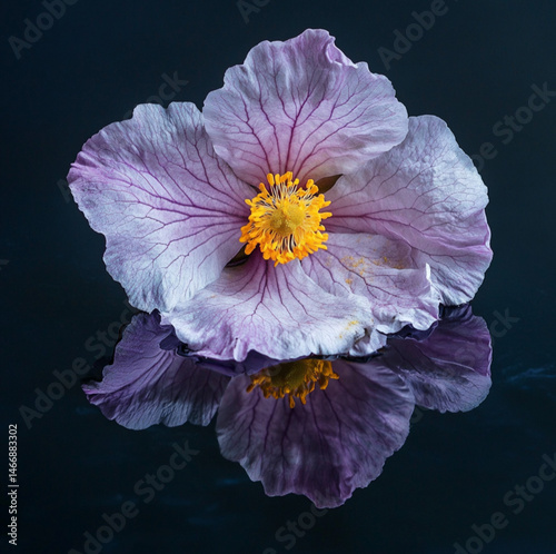 image of cistus creticus purple flower, and its reflection, minimal, atmospheric and creative fine art photography