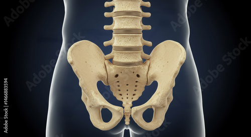 Human Sacrum Coccyx and Lumbar Vertebrae Anatomy - Detailed anatomical illustration of the human sacrum, coccyx, and lumbar vertebrae. Shows bone structure, spinal column, and pelvic bones. Medical