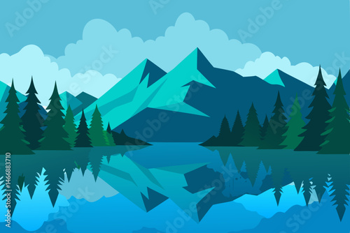 calm alpine lake with mirror reflections of pine 