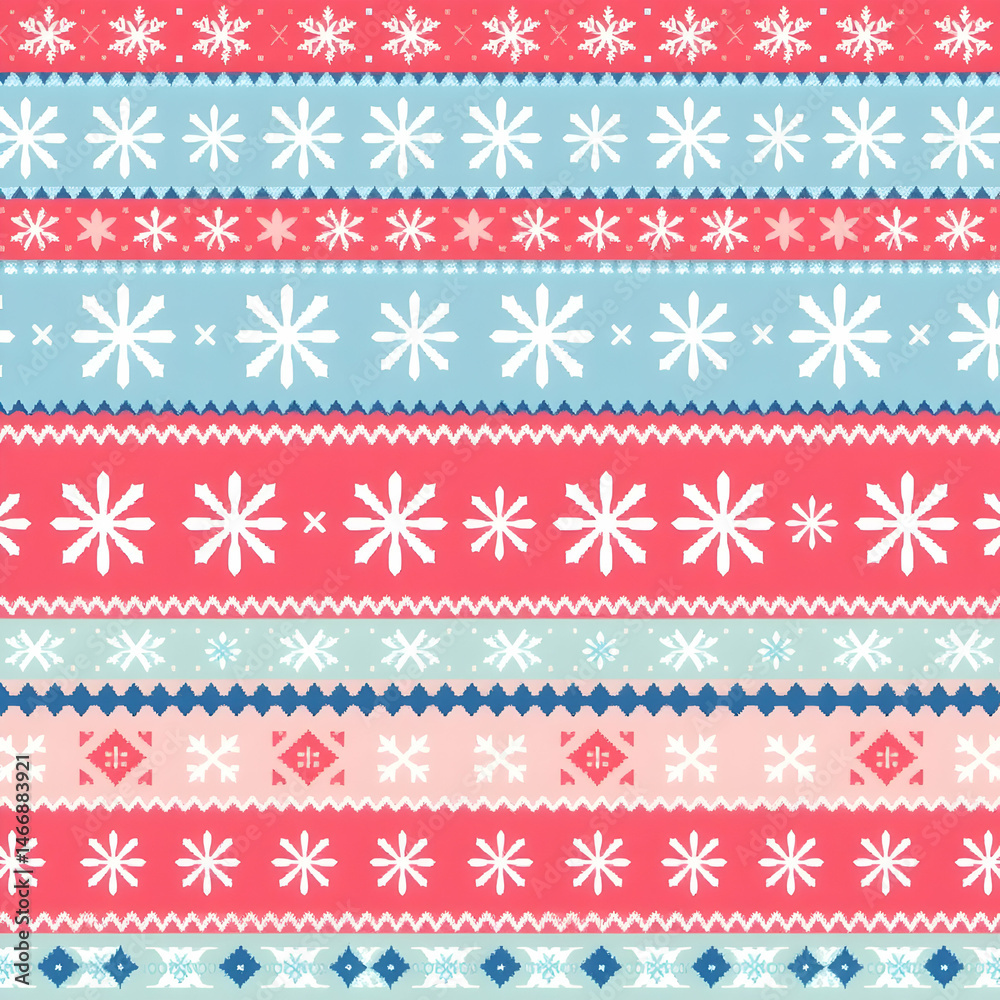 Vibrant Nordic Fair Isle snowflake design in coral and blue pattern. Vibrant Nordic Fair Isle snowflake design in coral and blue pattern.