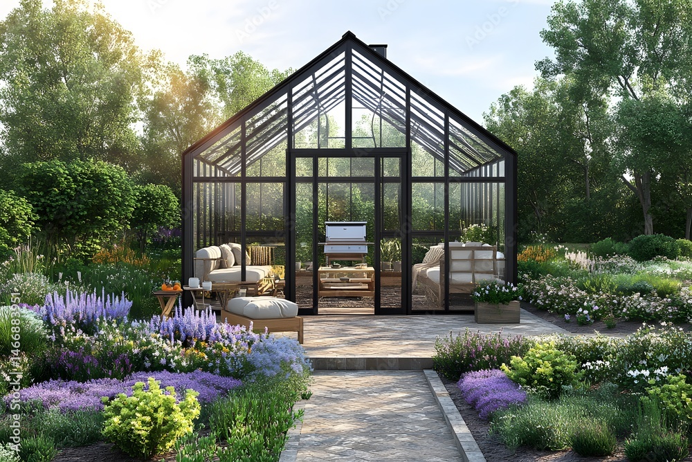 contemporary farmhouse modern outdoor furniture greenhouse attached high resolution, ultra realistic, stock photo style contemporary farmhouse modern outdoor furniture greenhouse attached high resolution, ultra realistic, stock photo style