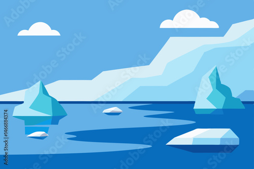 calm polar shoreline with icebergs drifting slowly.svg