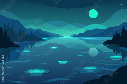 calm lagoon at twilight with glowing bioluminescen 