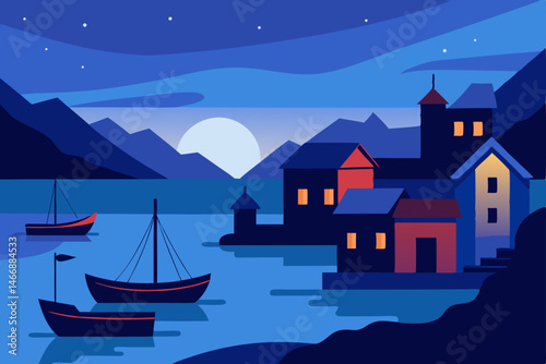 calm seaside village with fishing boats bobbing 