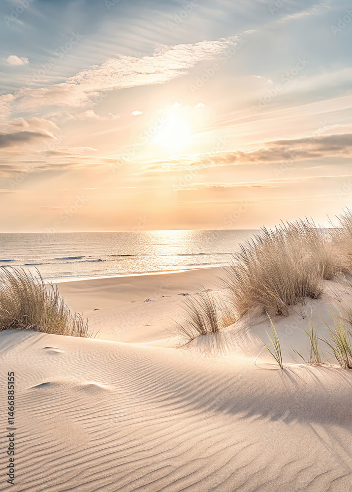 Beach and dunes. Coastal landscape,..Sunset on the beach of the Baltic Sea.