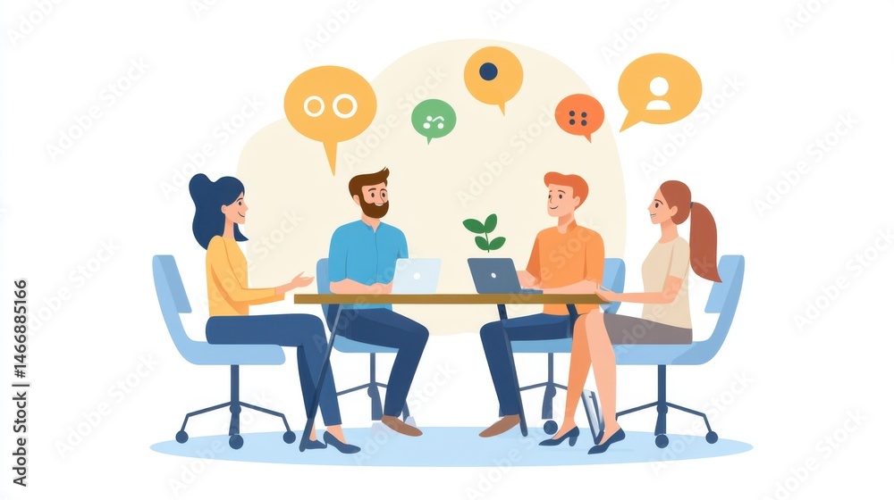 Creative collaboration concept: diverse team brainstorming with laptops and speech bubbles Creative collaboration concept: diverse team brainstorming with laptops and speech bubbles