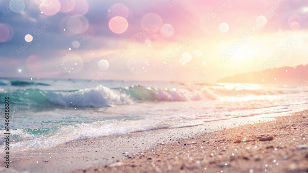 Beautiful sea wave and sky at sunset in pink tones with blurred focus and beautiful bokeh. Natural blurred background.