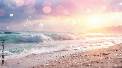 Beautiful sea wave and sky at sunset in pink tones with blurred focus and beautiful bokeh. Natural blurred background.