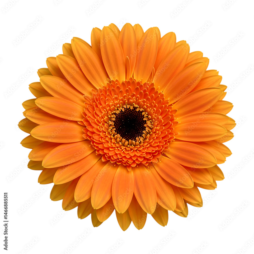 Vibrant orange gerbera daisy flower close up, isolated on white background