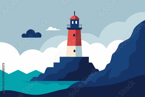 coastal lighthouse on a foggy cliffside with waves 