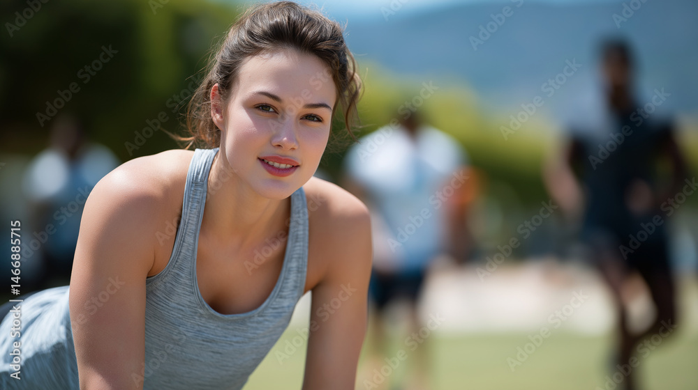 Fototapeta premium Outdoor HIIT Workout: Group Engaging in Burpees for Fitness