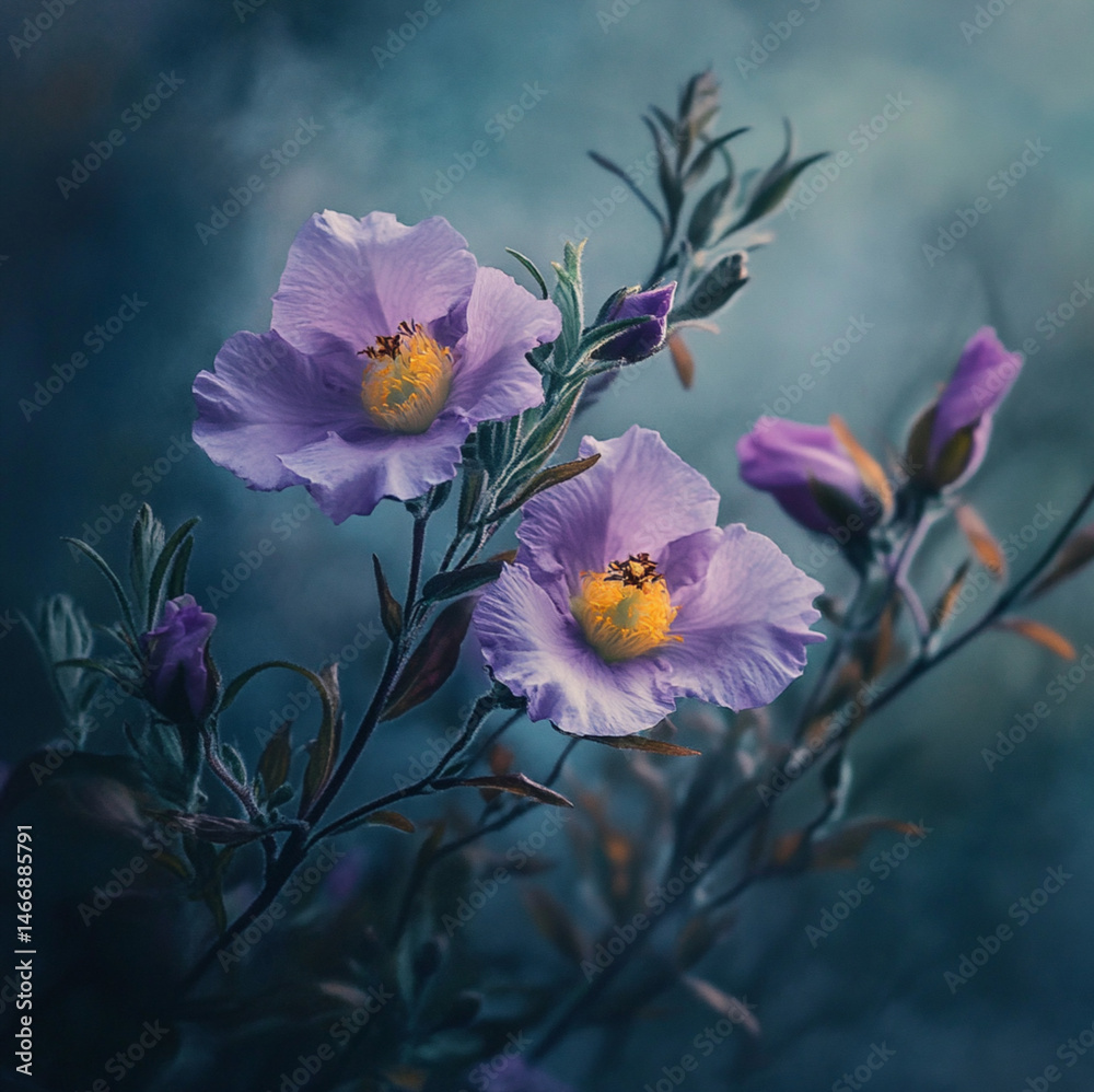 image of cistus creticus purple flower, and its reflection, minimal, atmospheric and creative fine art photography