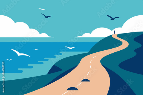 coastal path with crashing waves and sea birds ove