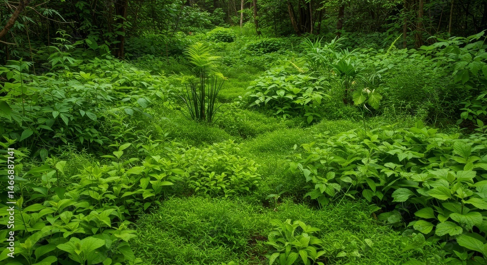 Fototapeta premium Lush Green Forest Undergrowth - Vibrant green foliage thrives on the forest floor, creating a dense carpet of plants. Sunlight filters through the canopy above