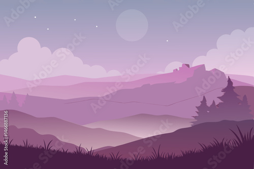 dawn on a foggy moor with heather and distant hill 