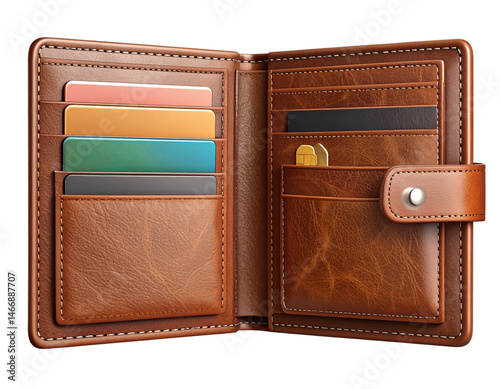 Open Classic Brown Leather Wallet with Credit Card Slots and Pocket, Isolated on Transparent Background png