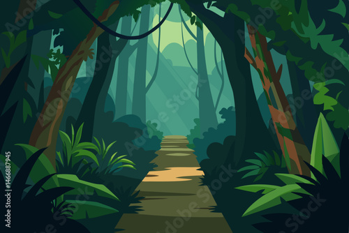 deep jungle path with vines crossing and filtered 