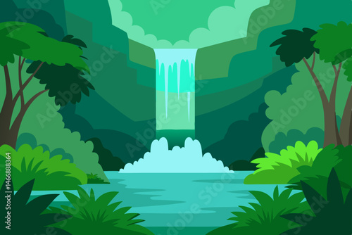 deep jungle waterfall cascading into a hidden emer