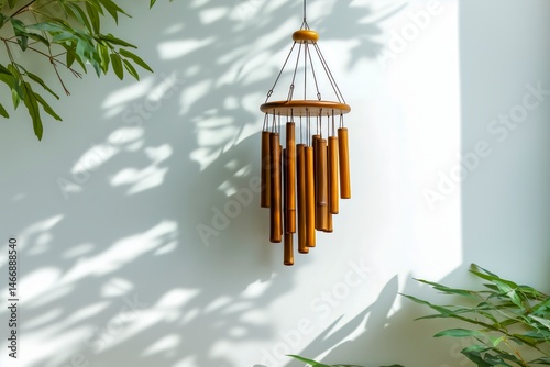 Minimal bamboo wind chime hanging in sunlight with leafy shadows.