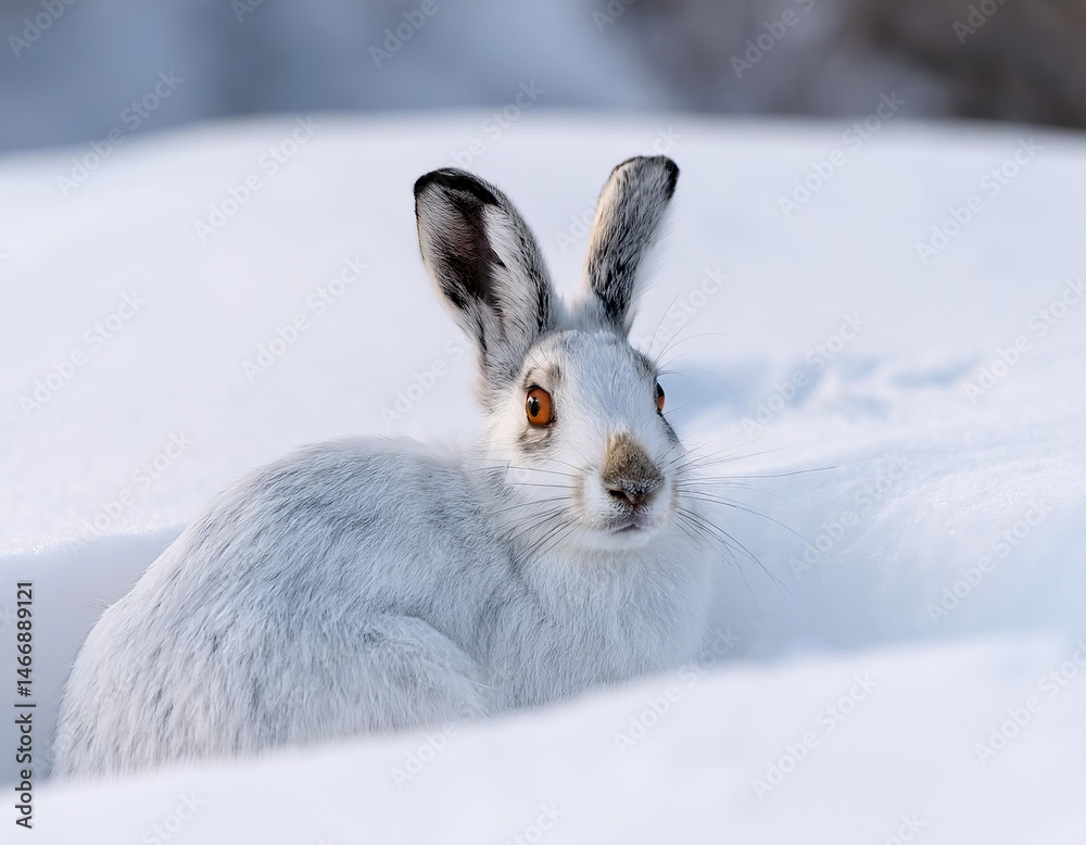 Obraz premium Snowshoe hare resting in snow during winter