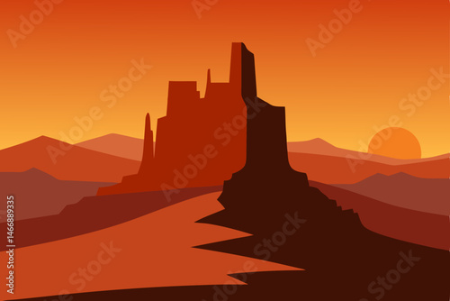 desert butte silhouetted against a sky lit by the .svg