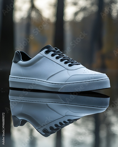 Stylish White Sneakers Reflected on the Surface, Fashion Footwear