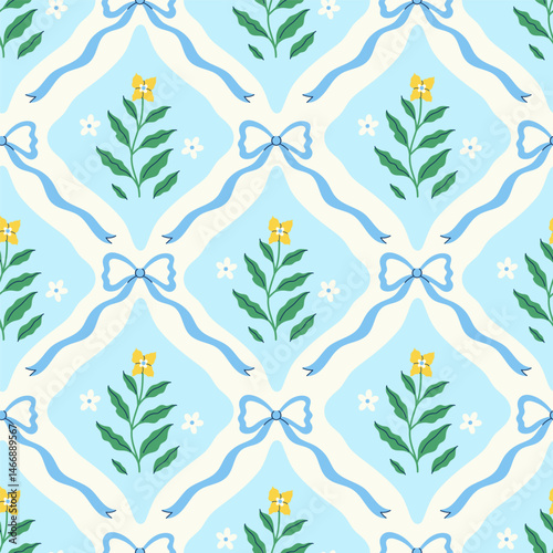 Seamless pattern with flowers and blue bows. Vector graphics.