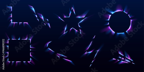 Bright neon light frames appear in dynamic shapes. Circles, stars, and lightning bolts flash with glowing energy. Perfect for adding intensity to tech designs.