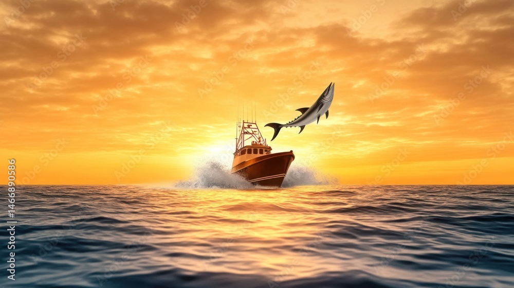 Fototapeta premium Deep sea fishing boat at sunrise, massive marlin leaping from ocean, spray flying, crew in motion