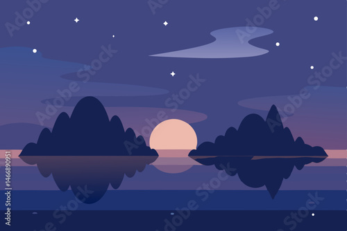 dusk over a serene lake dotted with tiny islands 