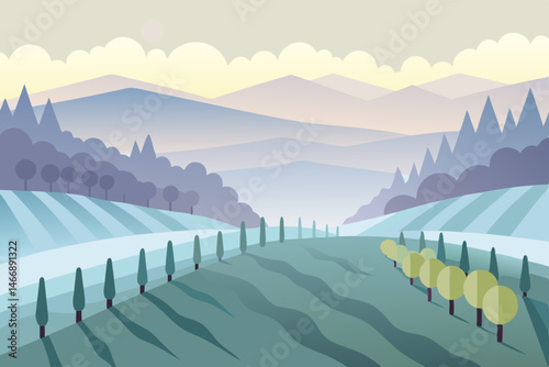 early morning frost on a vineyard with soft mist 