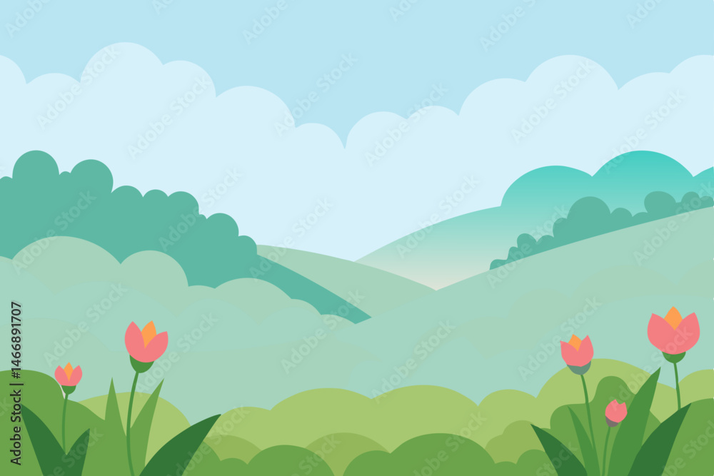Fototapeta premium early morning mist over flower filled meadows .svg