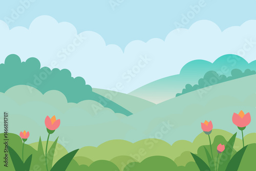 early morning mist over flower filled meadows  .svg