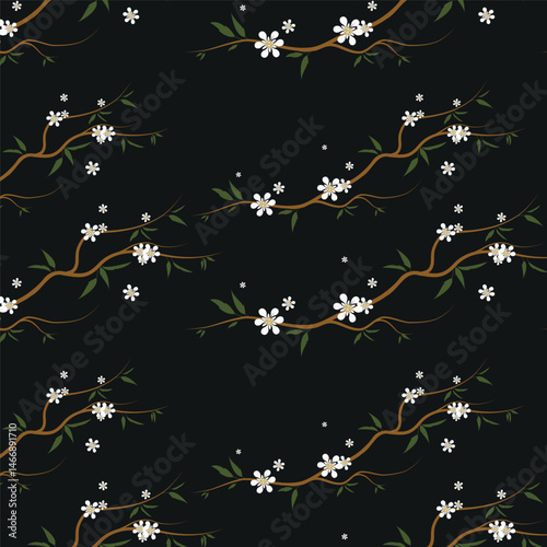 Earthy floral pattern on a dark background with delicate branches leaves and blossoms creating a seamless natural design