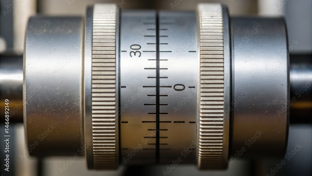 Fototapeta premium Close up of metallic mechanism with precise measurement markings and hydraulic component designed for accurate control and adjustment