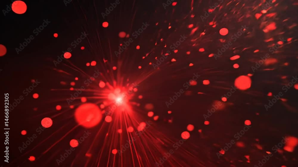 Abstract red light trails creating a dynamic visual effect with glowing particles in the background
