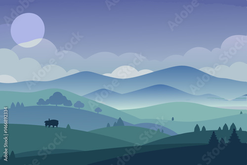 evening fog drifting over rolling hills and sheep  