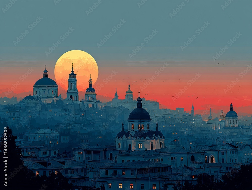 Fototapeta premium Breathtaking Kyiv skyline bathed in vibrant sunset hues silhouetted against lunar glow