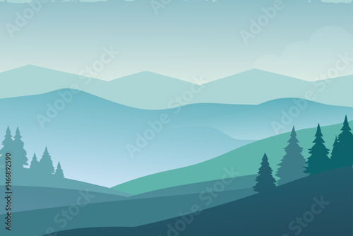fog drifting over rolling hills dotted with tall 