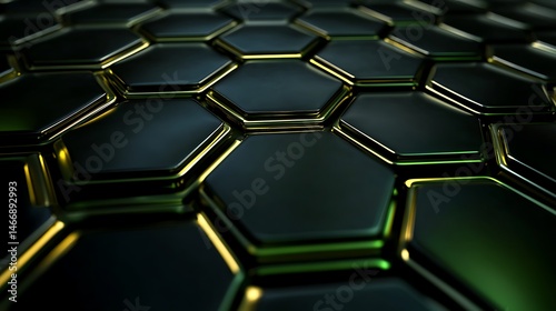 A grid of green hexagons with a metallic texture on a black background, creating a sleek and modern design.