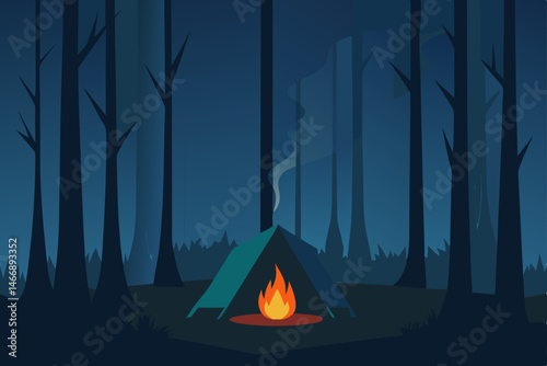 foggy forest campsite with a warm fire glowing 